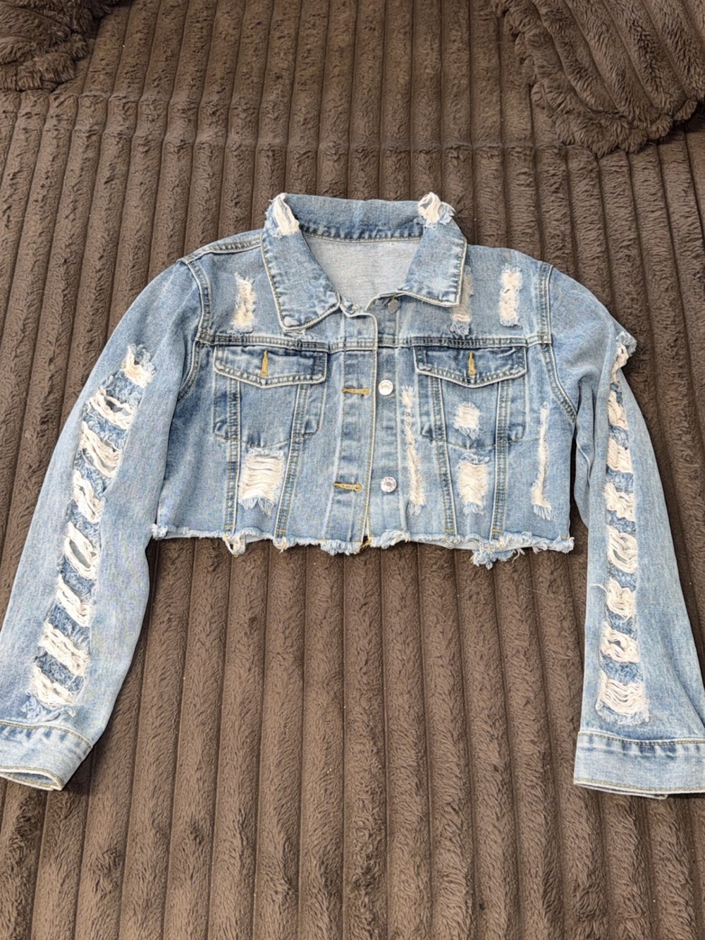 Light Blue Distressed Cropped Denim Jacket
